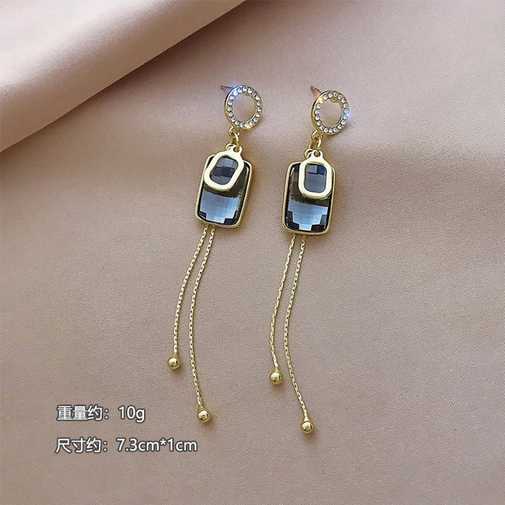 Pendientes De Borla De Cristal Cuadrados Geométricos De Aguja De Plata S925