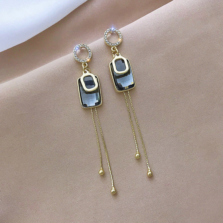 Pendientes De Borla De Cristal Cuadrados Geométricos De Aguja De Plata S925