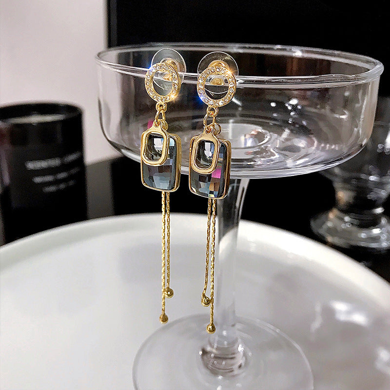 Pendientes De Borla De Cristal Cuadrados Geométricos De Aguja De Plata S925