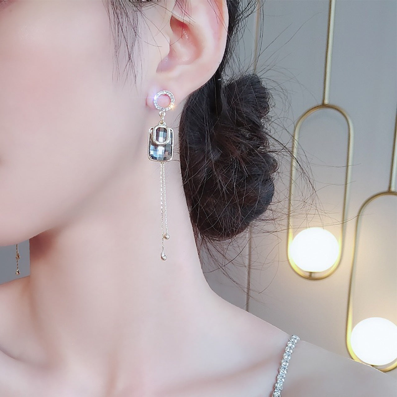 Pendientes De Borla De Cristal Cuadrados Geométricos De Aguja De Plata S925