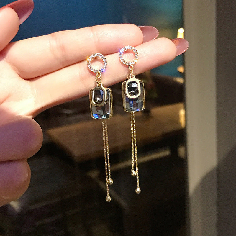 Pendientes De Borla De Cristal Cuadrados Geométricos De Aguja De Plata S925