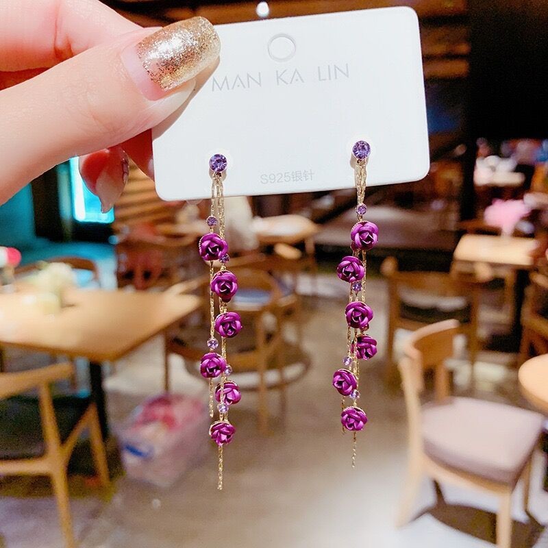 Pendientes largos con forma de pétalos de rosa aretes colgantes con forma de flor roja y diamantes de imitación de cristal