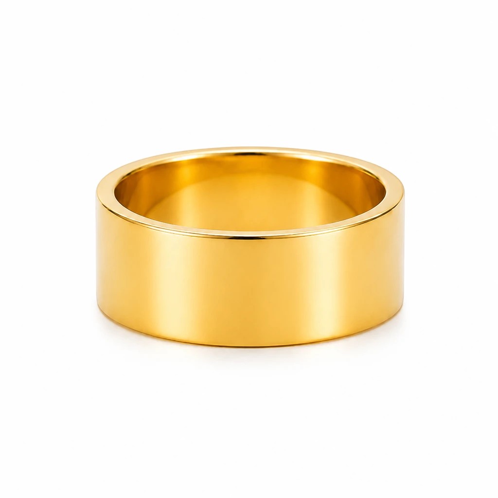 JOYAS Ring 23 featuring a minimalist wide band design in polished yellow gold on a white background